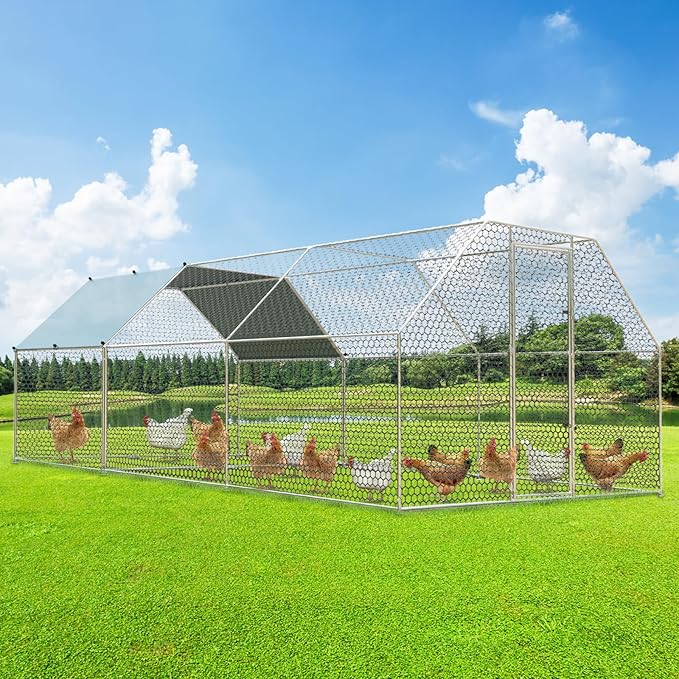 4ever2buy Large Metal Chicken Coop with Run Walk-in Poultry, Cage Chicken Runs House Pen Cage, Flat Roofed Chicken Coops with Anti-Ultraviolet Cover for Outdoor, Yard Farm, Use 9.2’Lx18.7’Wx6.4’H-PawvioPets