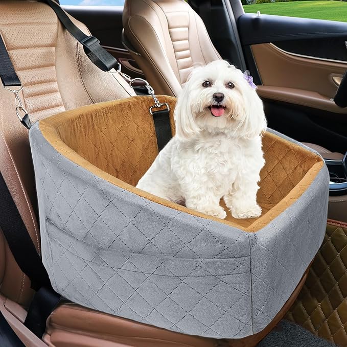 Dog Car Seat for Small Medium Dogs,Detachable Washable Dog Booster Seat Under 30lbs, Pet Car Seat Travel Bed with Storage Pockets and Dog Safety Belt(Grey/Brown)-PawvioPets