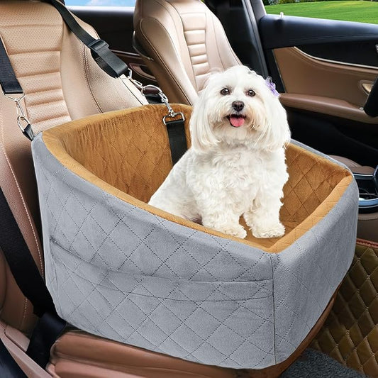 Dog Car Seat for Small Medium Dogs,Detachable Washable Dog Booster Seat Under 30lbs, Pet Car Seat Travel Bed with Storage Pockets and Dog Safety Belt(Grey/Brown)-PawvioPets