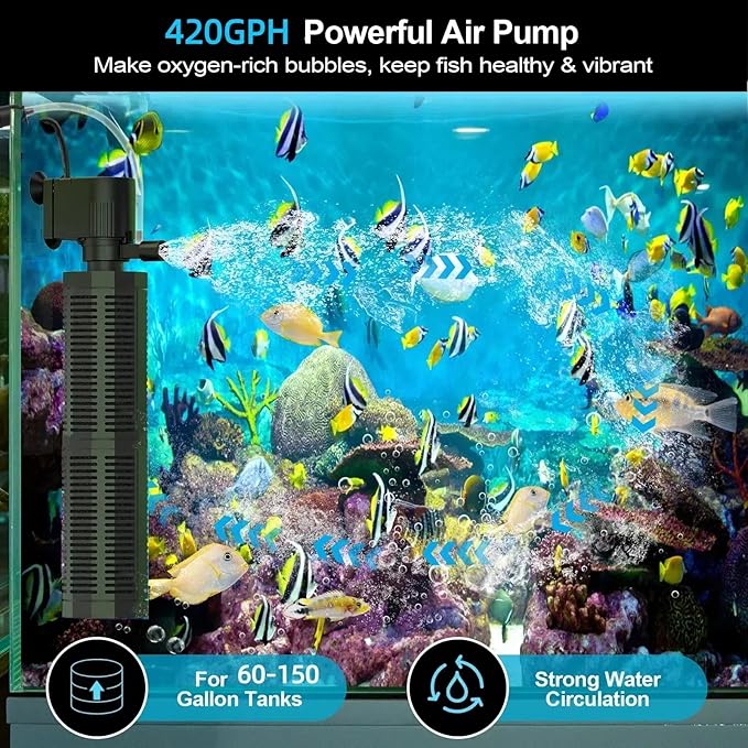 Aquarium Filter for 60-150 Gallons - Adjustable Flow Fish Tank Filters 420GPH Ultra-Quiet Submersible Power Pump Internal Filter with Biochemical Filtration Air Supply Water Clean-PawvioPets