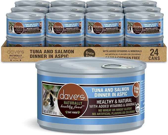 Dave's Pet Food Grain Free Wet Cat Food (Tuna & Salmon in Aspic), Naturally Healthy Canned, Added Vitamins & Minerals, Wheat & Gluten-Free, 3 oz (24 Pack)-PawvioPets