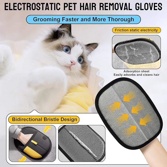 5PCS Pet Hair Removal Glove Set for Cats & Dogs, Newly Electrostatic Pet Hair Gloves, Reusable Cat Dog Grooming Gloves Magic Brush Pet Hair Remover Tool for Furniture Couch Carpet Car Seat Clothes-PawvioPets