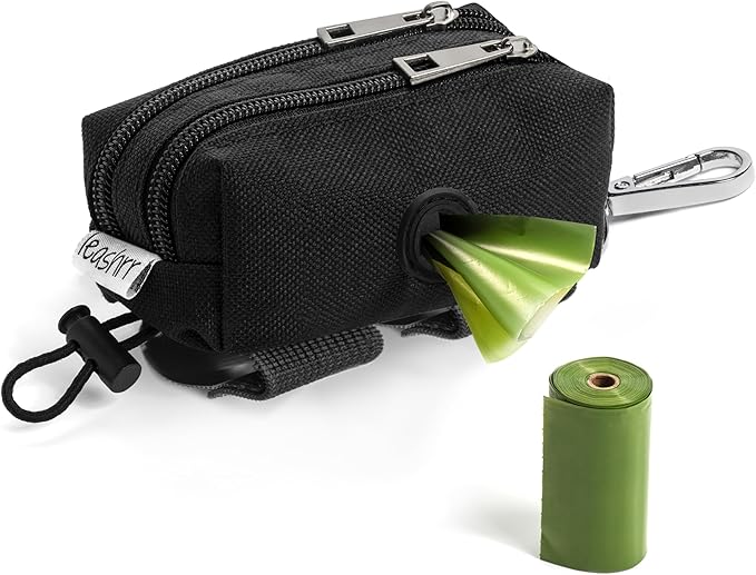 Dog Poop Bag Holder for Leashes - Dog Poop Bag Dispenser and Treat Holder with 2 Waterproof Pouches for Pet Waste Bags and Walking Accessories + 1 Free Roll - Leashrr 2.0 (Black)-PawvioPets