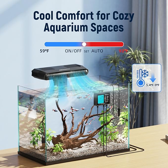 Aquarium Chiller Fan,Fish Tank Cooler with Temperature Control,Minimum Setting 59℉,Auto Start/Stop,Refrigeration Effect 5.4-9℉,3-Speed Modes,for Axolotl Seawater Freshwater Coral Grass Tank-PawvioPets