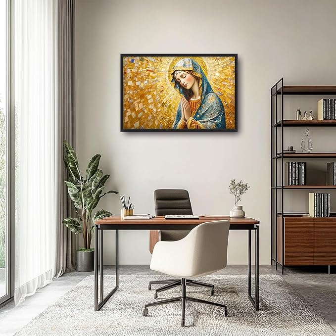 Extra Large Virgin Mary Framed Wall Art for Living Room,Oversized Golden Christian Religious Pictures Wall Decor,Canvas Print Painting Modern Artwork Bedroom Office Bathroom 36L" x 24W"-PawvioPets