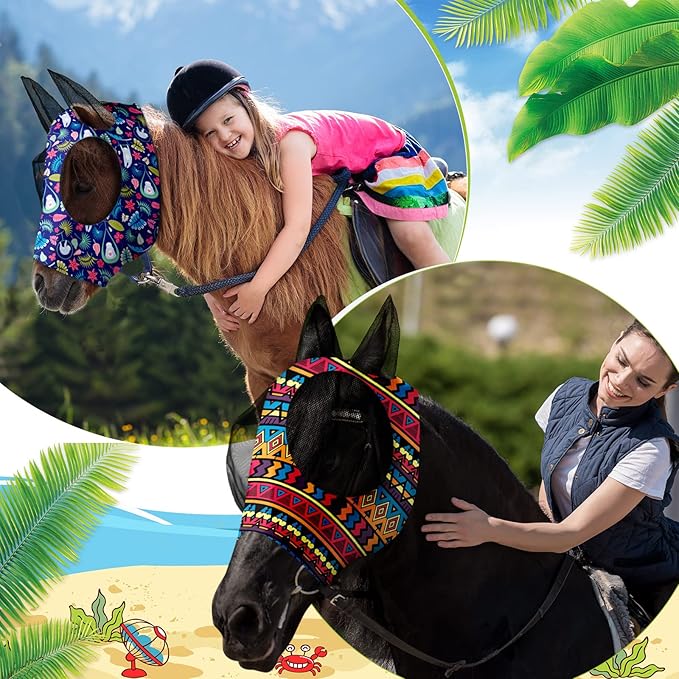 Frienda 4 Pieces Horse Fly Masks with Ears Face Covering UV Protection from Insect Pests Elasticity Smooth Comfortable Mesh Horse Mask Accessories(Geometric,Medium)-PawvioPets