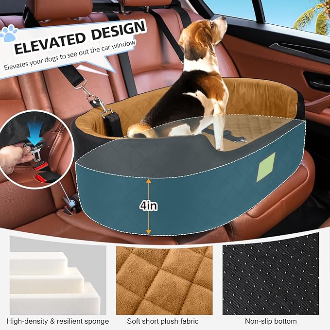 Dog Car Seat for Medium & Large Dogs up to 55 lbs, Elevated Booster Seat with Anti-Slip Base, Detachable & Machine-Washable Pet Car Bed for SUV/Sedan (Black/Brown)-PawvioPets