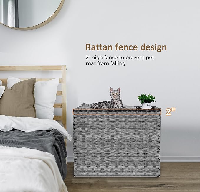 Cat Litter Box Enclosure with Litter Trapping Mat; Handwoven Plastic Rattan Cat House; No Installation Hidden Cat Washroom; Pet Crate for Balcony,Bedroom,Living Room-PawvioPets