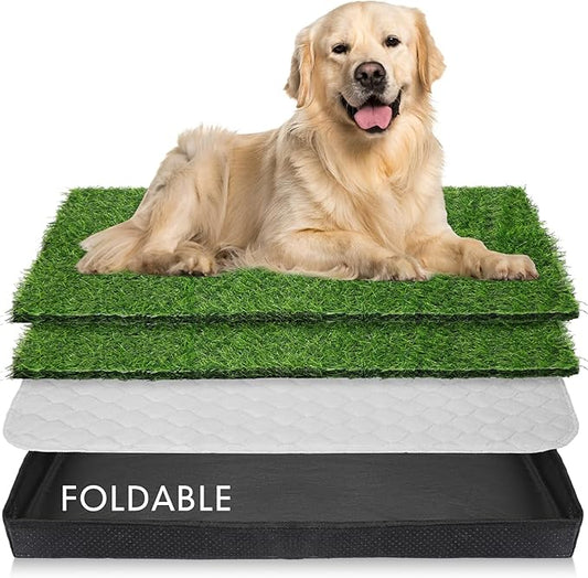 35'' x 22.6'' Dog Grass Pad Large Patch Potty with 2 Artificial Dog Grass Washable Puppy Pee Pad Foldable Dog Litter Box Indoor Outdoor Dog Potty Portable Pet Loo for Travel Balcony-PawvioPets