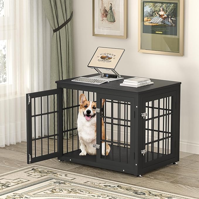 32 Inch Heavy Duty Dog Crate Furniture for Medium and Small Dogs, Decorative Pet House End Table, Wooden Cage Kennel Furniture Indoor, Black-PawvioPets