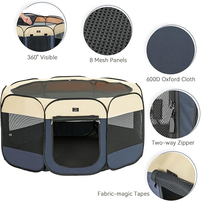 A4Pet Collapsible Playpen, 39.5” Portable Dog Playpen with Bowl, Suitable for Puppies, Kittens, and Small Animals, Removable Zipper & Mesh Panel(16”W × 10”H)-PawvioPets