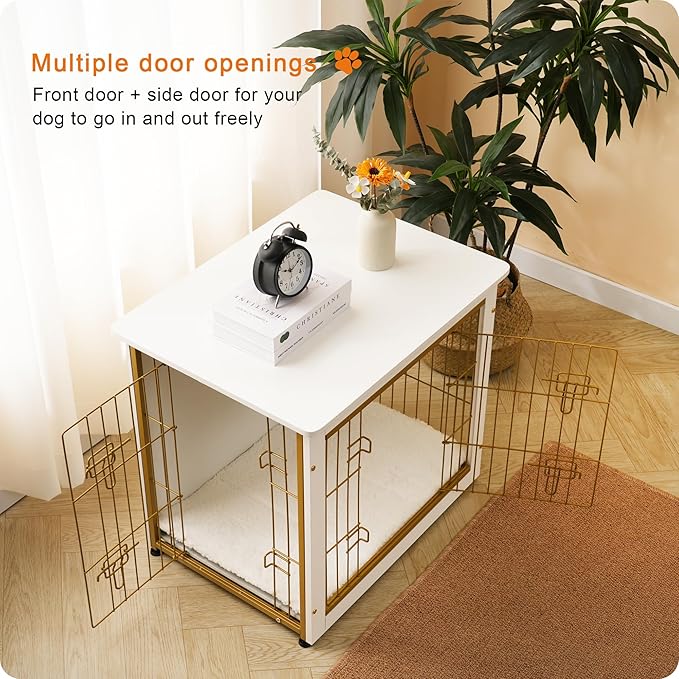 DWANTON Dog Crate Furniture with Cushion, Wooden Kennel Table with Double Doors, Indoor Dog House, Small/Medium/Large Size, 27.2" L, White-PawvioPets