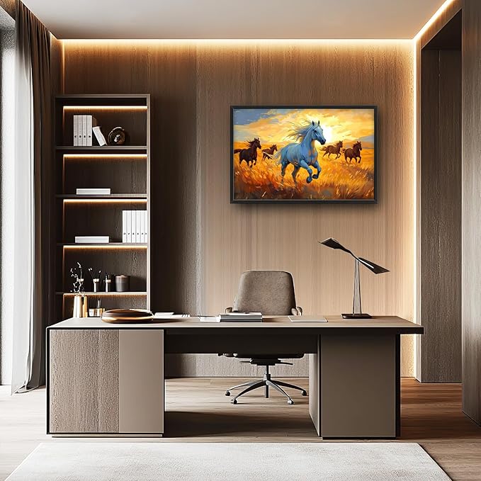 Framed Large Horse Wall Art for Living Room, Oversized Running Horses Wall Decor, Sunset Field Landscape Canvas Painting Home Decoration for Living Room Bedroom Dining Room Office 36"x24"-PawvioPets