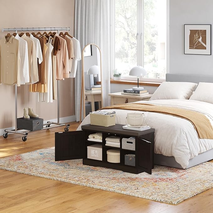 DINZI LVJ Shoe Bench, Entryway Storage Bench with Doors, Cushion, 2-Tier Shoe Rack with 6-Cubby, 31.5”L x 13.8”W Shoe Organizer Cabinet, Adjustable Shelf, Living Room, Bedroom, Espresso-PawvioPets