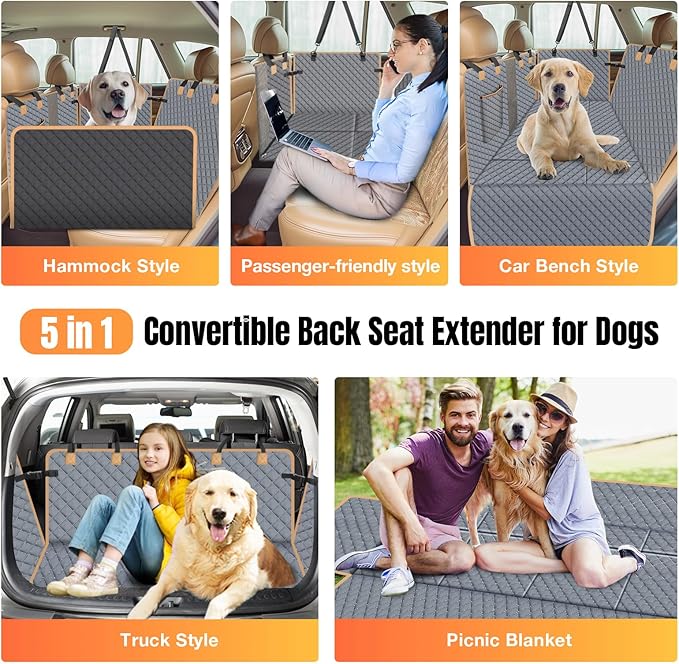 Dog Car Seat Cover for Back Seat, Dog Car Bed Cover with Strong Hard Bottom, Back Seat Extender Hammock for SUV Truck,4 Panels Gray Color-PawvioPets