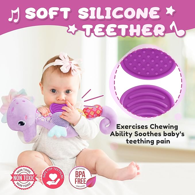 Baby Toys 0-6-12 Months,Musical Stuffed Animals Activity Soft Infant Toys with Multi-Sensory Crinkle, Rattle and Textures,Boys Newborn Baby Girl Toys, Seahorse, Purple-PawvioPets