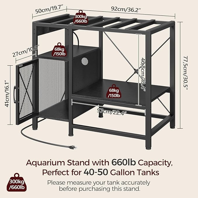 40-50 Gallon Fish Tank Stand, Aquarium Stand with Power Outlet and Storage Cabinet, Heavy Duty Tank Stand Suitable for Turtle Tank, Reptile Terrarium, for Home Office, Black FTBK50E01-PawvioPets
