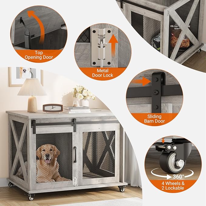 Dog Crate Furniture,37 Inch Indoor Dog Cage with Sliding Barn Door, Flip Top Dog Kennel End Table with Removable Divider, Farmhouse Wooden Pet House for Small to Middle Size Dogs-PawvioPets