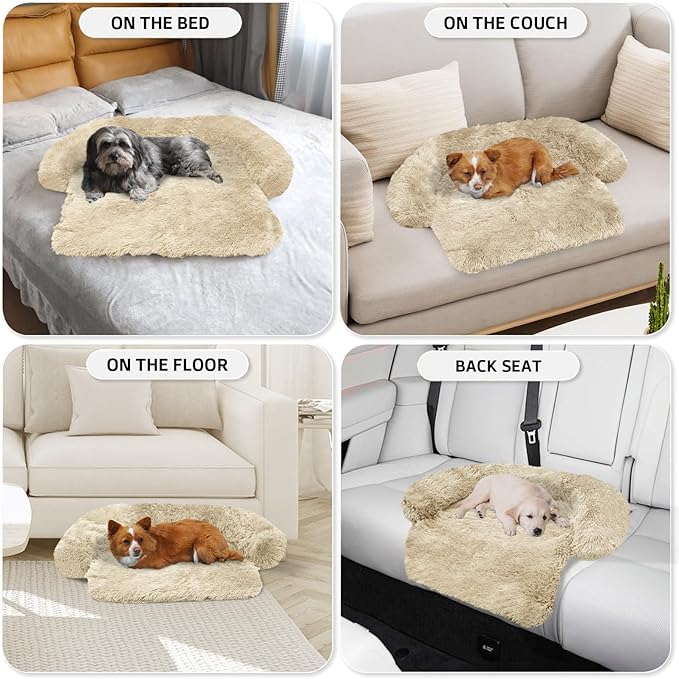 Calming Dog Bed Fluffy Plush Dog Mat for Furniture Protector with Removable Washable Cover for Large Medium Small Dogs and Cats (XS (31"x23.5"x5"), Beige)-PawvioPets