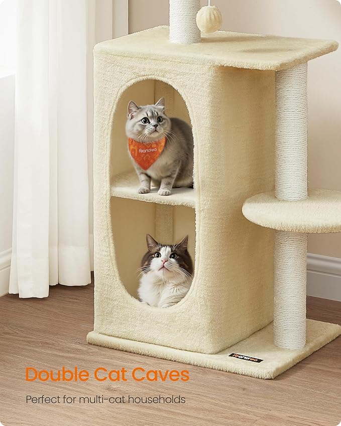 Feandrea Cat Tree Tower with 2 Caves for Multi-Cat Households, Kittens, Scratching Posts, Sand Beige UPCT005Y01-PawvioPets