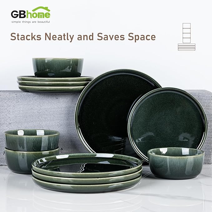 GBHOME Ceramic Dinnerware Sets for 6, 18 Pieces Stoneware Plates and Bowls Sets, Reactive Glaze Dishes -Scratch Resistant, Dishwasher&Microwave Safe, Earth Green-PawvioPets