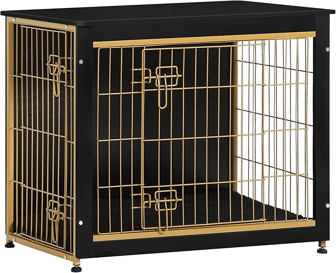 DWANTON Dog Crate Furniture with Cushion, Wooden Kennel Table with Double Doors, Indoor Dog House, Medium Size, 32.5" L, Black+Gold-PawvioPets