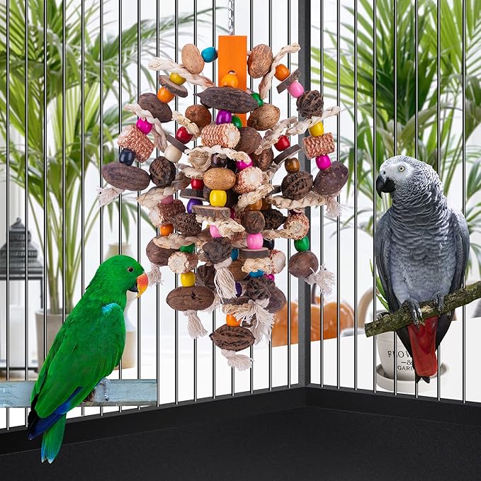 Deloky Large Parrot Bird Chewing Toys, Natural Nuts Corn Parrot Tearing Toy, Wooden Bird Cage Toy for African Grey, Macaws Cokatoos, Amazon Parrots and Other Large Birds-PawvioPets