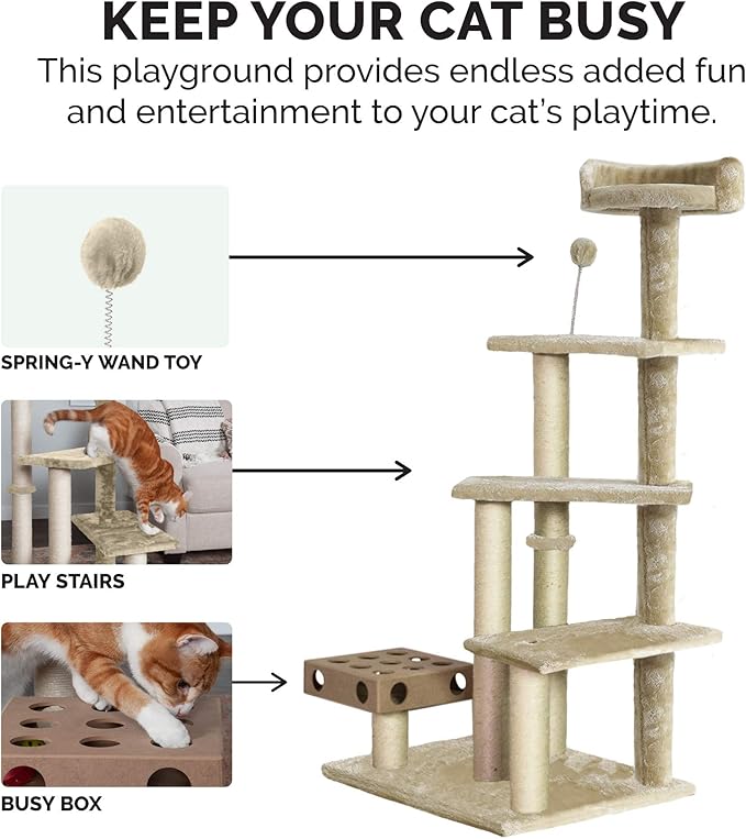 Furhaven 49.5" Tall Cat Tree for Indoor Cats, Ft. Sisal Scratching Posts, Plush Ball Toy, & Busy Box Toy - Tiger Tough Play Stairs Interactive Playground Tower - Cream, One Size-PawvioPets