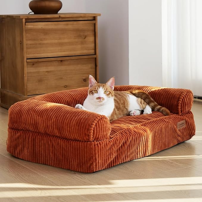 FUKUMARU Dog Couch Bed, Corduroy Cozy Cat Bed for Indoor Cats with Washable Cover, Supportive Waterproof Dog Beds Sofa for Small Dogs and Large Cats Cute, 28inch, Medium, Orange-PawvioPets