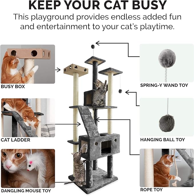 Furhaven 69.3" Tall Cat Tree for Indoor Cats, Ft. Sisal Scratching Posts, 2x Cat Condos, & Toys - Tiger Tough Double Decker Interactive Playground Tower - Silver Gray, One Size-PawvioPets