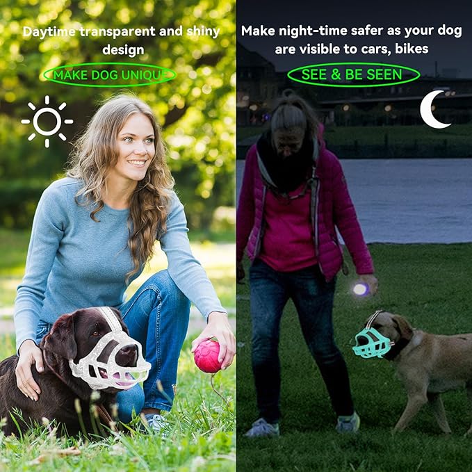 Glow-in-The-Dark Dog Muzzle, Basket Muzzle for Small Medium Large Dogs,Anti-Biting Chewing, Lightweight Cage Design,Allows Drinking & Panting,for Grooming & Training (Transparent Size M)-PawvioPets