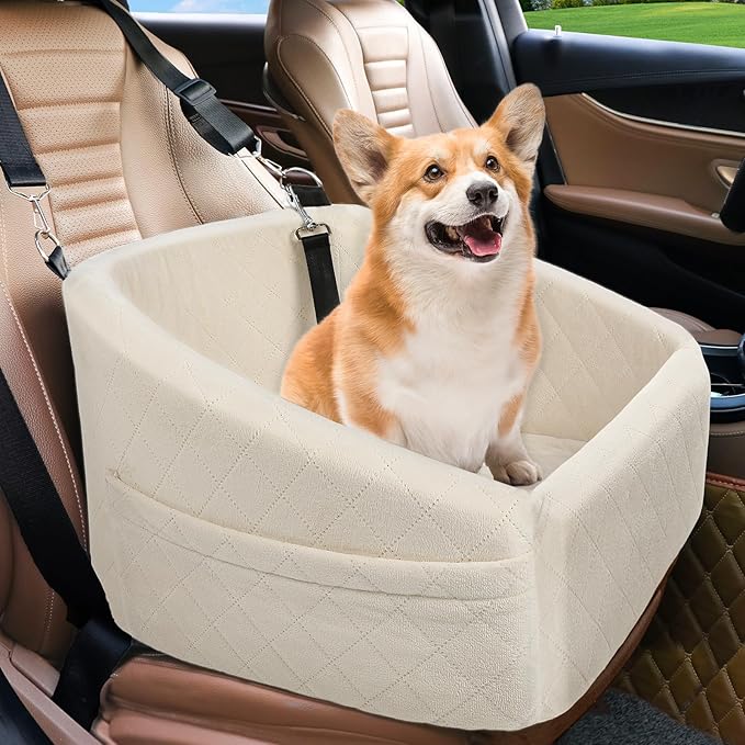 Dog Car Seat for Small Medium Dogs,Detachable Washable Dog Booster Seat Under 30lbs, Pet Car Seat Travel Bed with Storage Pockets and Dog Safety Belt (White)-PawvioPets