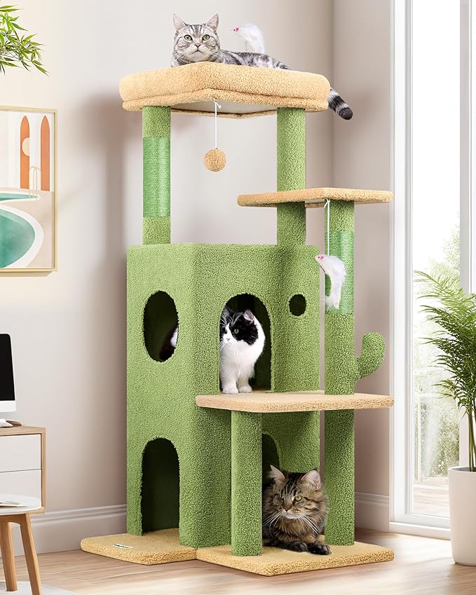 Globlazer Cactus Cat Tree Tower for Indoor Cats, 50-inch Adult Cat Tree House for Large Adult Cats with Steps, Scratching Post, 2 Cat Caves, Dangling Toys, FC50, Green-PawvioPets