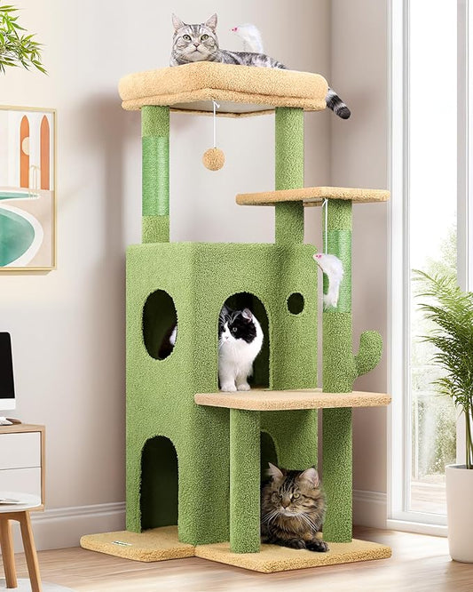 Globlazer Cactus Cat Tree Tower for Indoor Cats, 50-inch Adult Cat Tree House for Large Adult Cats with Steps, Scratching Post, 2 Cat Caves, Dangling Toys, FC50, Green-PawvioPets