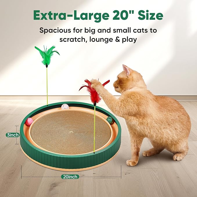 20-Inch Round Cat Scratcher with Ball Track – 3-in-1 Cardboard Scratching Pad with Feather Toy & Non-Slip Base – Interactive Cat Toy for Indoor Cats, Kittens & Large Cats (Green)-PawvioPets