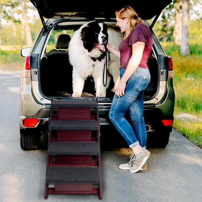 BRIKY Wooden Dog Stairs/Steps - Foldable 4 Steps Dog Steps for High Bed Couch Cars, Non-Slip Pet Stairs for Small Large Medium Dogs and Cats, No Assembly Required-PawvioPets