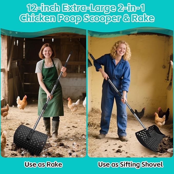 12-Inch 2-in-1 Chicken Poop Scooper & Rake – US Patent Pending – 3-Shape Sifting Holes Chicken Coop Rake，Stainless Steel Handle （20–61"）– Litter Scoop Sand & Sifting Shovel for Chicken Coops (Black)-PawvioPets