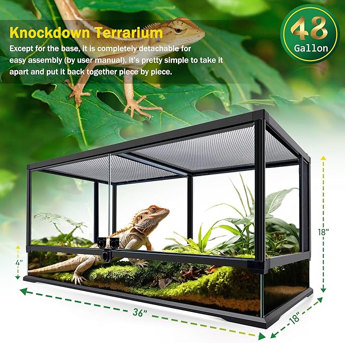 48 Gallon Professional Glass Terrarium 36"x18"x18" Durable Reptile Habitat Tank with Heat Resistant Aluminum Alloy Frame, Dual Front Swinging Doors for no Jam by Sand and Other Debris-PawvioPets
