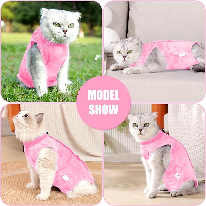 Cat Recovery Suit for Male and Female Surgical Post Surgery Soft Cone Onesie Tie Dye Cats Shirt Clothes Neuter Licking Protective Diapers Outfit Cover Kitten Spay Collar Alternative(Pink, M)-PawvioPets