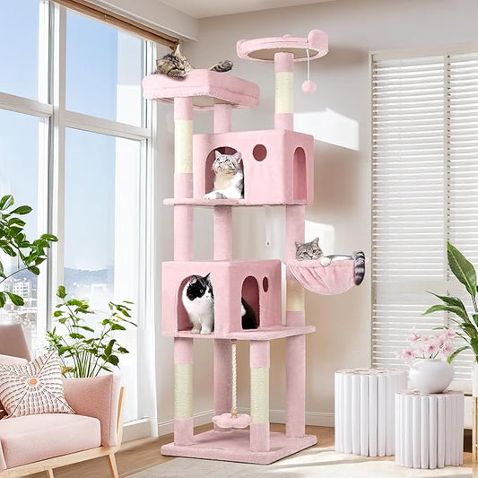 Globlazer Pink Cat Tree, 70 inch Tall Scratching Tower Multi-Level Cat Condo for Indoor Multiple Cats with 2 Large Cat Caves, Top Perch, Large Platform, Bottom Swing, F70B, Pink-PawvioPets