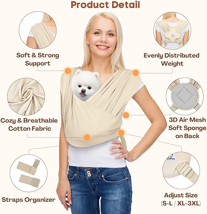 Dog Carriers for Small Dogs, Front Facing Dog Sling Carrier, Hands Free Cat Carrier, Size Adjustable, Reducing Back Pain, Premium Cotton, Safe and Soft Dog Carrier (Regular, Beige)-PawvioPets