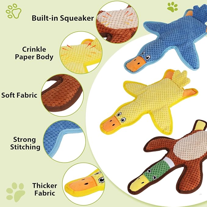 Dog Toys 3-Pack Cute Duck Shapes Puppy Toys No-Stuffing Squeaky and Crinkle Interactive Dog Chew Toy for Small to Large Breeds-PawvioPets