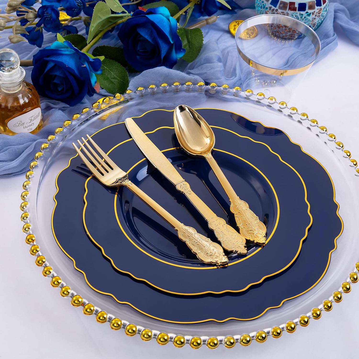 Liacere 350PCS Navy Blue Plastic Plates-Disposable Blue Gold Plates 50guest Plastic Dinnerware include 100Plates,50Pack Pre Rolled Napkins with Silverware 50Cups for Wedding＆Halloween