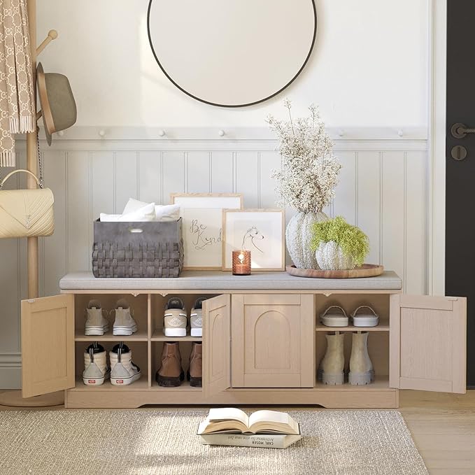 DINZI LVJ Shoe Bench, Entryway Storage Bench with Doors, Cushion, 2-Tier Shoe Rack with 8-Cubby, 47.2”L x 13.8”W Shoe Organizer Cabinet, Adjustable Shelf, Living Room, Bedroom Natural-PawvioPets