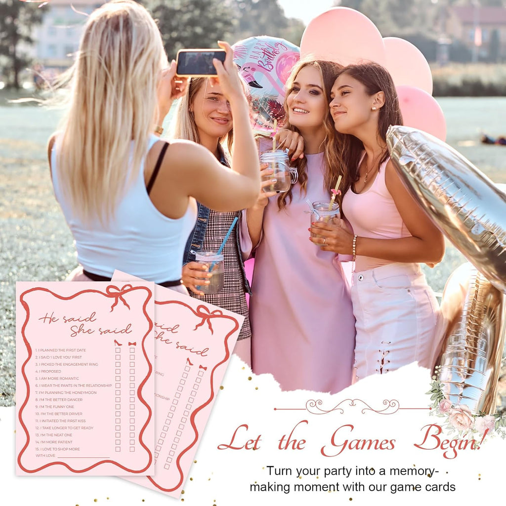 DEEKA 30 PCS Bridal Shower Games Card for 30 Guests Pink Wavy Border Ribbon Bow Funny Wedding Bachelorette Party Games for Reception (He Said She Said)