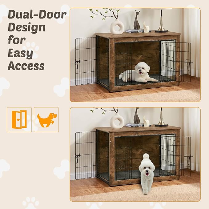 Dog Kennel Furniture, Wooden Dog Crate End Table with Dual Doors, Chew-Proof Design & Cushion, Heavy Duty Dog Crate, Decorative Pet Crate Dog Cage for Indoor (27 Inch)-PawvioPets