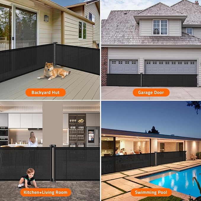 2-in-1 Retractable Baby Gates, 41" Tall Mesh Dog Gate 1-Pack, One Side Up to 200" Wide, Total 400" Wide, Long Retractable Pet Gate for Yard Swimming Pool Garage Indoor Outdoor-Black-PawvioPets