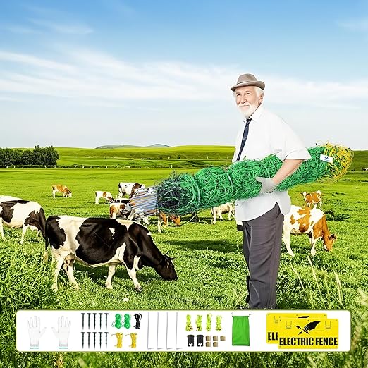 Electric Fence Netting,164'Lx49.6"H, Electric Livestock Netting with 14 Double Barbed Poles, Suitable for Pigs, Cows, Sheep and Other Large Animals, Portable Electric Fence for Farms, Ranches-PawvioPets