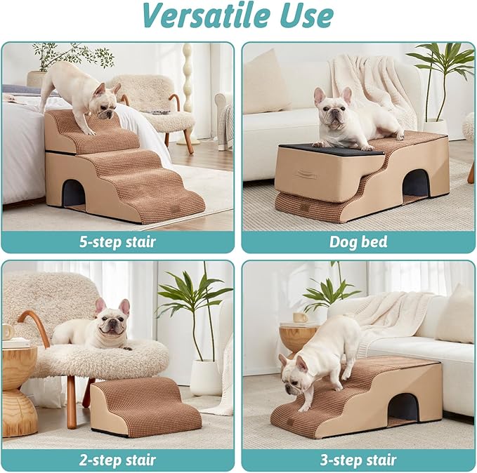 Extra Wide Dog Stairs with Tunnel, Detachable Large Pet Step for Small Medium Dog, Puppy or Cat, Ramp for High Bed, Couch, Sofa or Car, Stable, 19.7x33x22.4 inch, 5 Step, Light Brown-PawvioPets