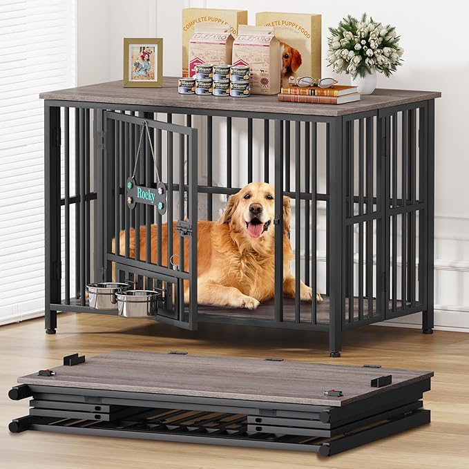 Easycom 41" Dog Crate Furniture Foldable, No Assembly Decorative Dog Kennel Indoor, Dog Crates for Large Dogs (40-65 lbs), Wooden Dog Cage with Adjustable Bowls and Name Tag, End Table, Oak Grey-PawvioPets